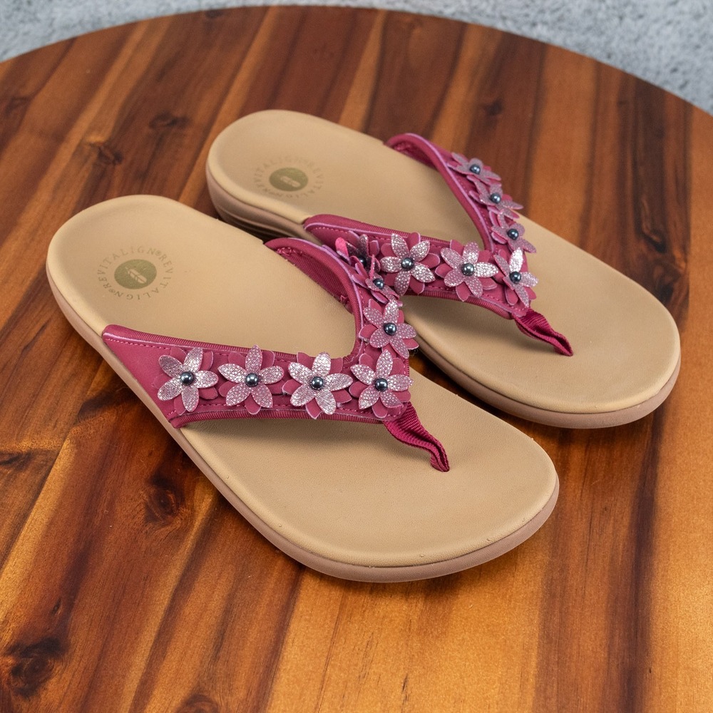 Revitalign Women Size 6 B Orthotic Red Floral Orthotic Thong Sandal Flip Flop